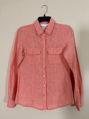 Max Studio Womens Coral Linen Blend Long Roll Tab Sleeve Button Up Shirt Top S